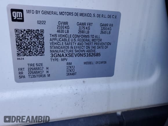 ✅ 2022 Chevrolet Equinox LS • VIN: 3GNAXSEV0NS162685 • Lot: 82730605. Listed on Copart with 64,805 mi. Free auction sales archive from the USA and detailed vehicle history report at DreamBid. Image 12.