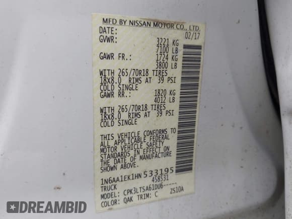 ✅ 2017 Nissan Titan SV • VIN: 1N6AA1EK1HN533195 • Lot: 42471908. Listed on IAAI with 172,279 mi. Free auction sales archive from the USA and detailed vehicle history report at DreamBid. Image 9.