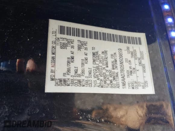 ✅ 2005 Nissan Titan LE • VIN: 1N6AA07B05N509859 • Lot: 42662424. Listed on IAAI with 252,000 mi. Free auction sales archive from the USA and detailed vehicle history report at DreamBid. Image 9.