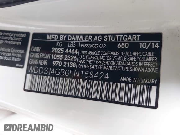 ✅ 2014 Mercedes-Benz CLA 250 • VIN: WDDSJ4GB0EN158424 • Lot: 42197940. Listed on IAAI with 91,821 mi. Free auction sales archive from the USA and detailed vehicle history report at DreamBid. Image 9.