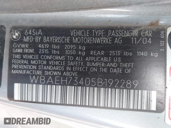 ✅ 2005 BMW 6 Series 645Ci • VIN: WBAEH73405B192289 • Lot: 41836490. Listed on IAAI with 67,678 mi. Free auction sales archive from the USA and detailed vehicle history report at DreamBid. Image 9.
