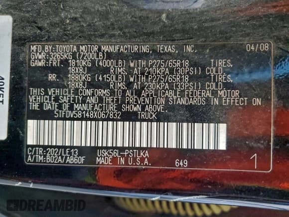 ✅ 2008 Toyota Tundra Limited • VIN: 5TFDV58148X067832 • Lot: 95578685. Wystawiony na Copart z przebiegiem 173 190 mil. Bezpłatny archiwum sprzedaży aukcyjnych z USA i szczegółowy raport historii pojazdu na DreamBid. Zdjęcie 13.
