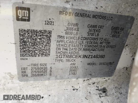 ✅ 2022 GMC Sierra 1500 Elevation • VIN: 1GTR8CEK3NZ146360 • Lot: 42725489. Listed on IAAI with Not provided. Free auction sales archive from the USA and detailed vehicle history report at DreamBid. Image 9.