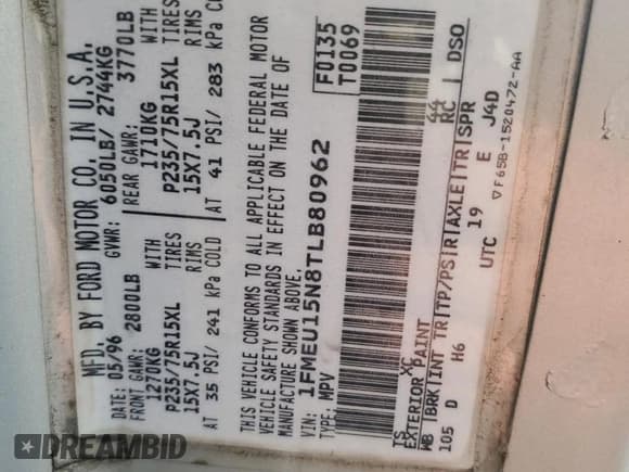 ✅ 1996 Ford Bronco XL • VIN: 1FMEU15N8TLB80962 • Lot: 67136265. Listed on Copart with 136,379 mi. Free auction sales archive from the USA and detailed vehicle history report at DreamBid. Image 13.