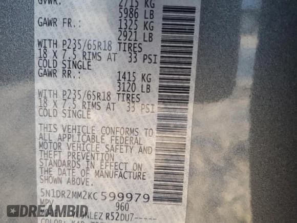 ✅ 2019 Nissan Pathfinder S • VIN: 5N1DR2MM2KC599979 • Lot: 91294545. Wystawiony na Copart z przebiegiem 230 735 mil. Bezpłatny archiwum sprzedaży aukcyjnych z USA i szczegółowy raport historii pojazdu na DreamBid. Zdjęcie 13.