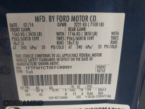 ✅ 2014 Ford F-150 XL • VIN: 1FTFW1CT0EFC69091 • Lot: 42769507. Listed on IAAI with 191,801 mi. Free auction sales archive from the USA and detailed vehicle history report at DreamBid. Image 9.