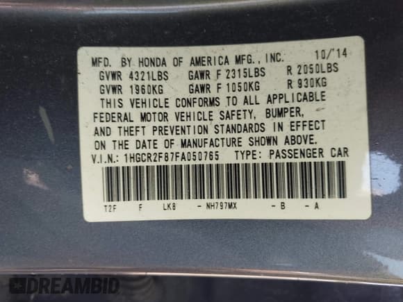 ✅ 2015 Honda Accord EX-L • VIN: 1HGCR2F87FA050765 • Lot: 43350580. Listed on IAAI with Not provided. Free auction sales archive from the USA and detailed vehicle history report at DreamBid. Image 9.