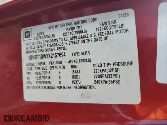 1999 Chevrolet Blazer LS z VIN 1GNDT13W2X2157694, wystawiony jako Copart lot #63347804 z przebiegiem Nie podano mil oraz Szkoda całkowita • Salvage title. Historia ofert i sprzedaży dostępna na DreamBid. Obrazek 13.