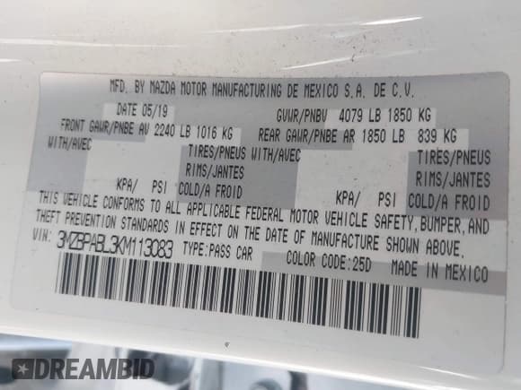 ✅ 2019 Mazda 3 • VIN: 3MZBPABL3KM113083 • Lot: 41819175. Listed on IAAI with 47,297 mi. Free auction sales archive from the USA and detailed vehicle history report at DreamBid. Image 9.