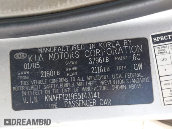 ✅ 2005 Kia Spectra LX • VIN: KNAFE121955143141 • Lot: 42767872. Listed on IAAI with 178,724 mi. Free auction sales archive from the USA and detailed vehicle history report at DreamBid. Image 9.