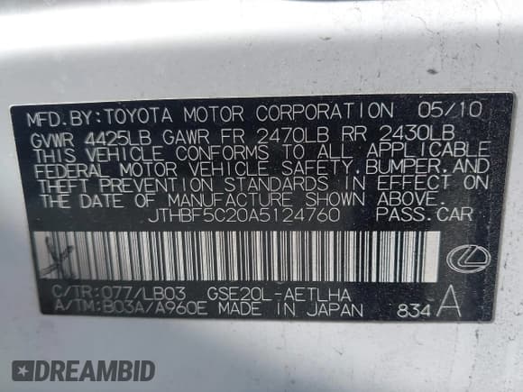 ✅ 2010 Lexus IS 250 • VIN: JTHBF5C20A5124760 • Лот: 42883875. Опубликован ранее на IAAI с пробегом 144 344 миль. Бесплатный доступ к архиву аукционных продаж из США и подробный отчёт об истории автомобиля на DreamBid. Изображение 9.