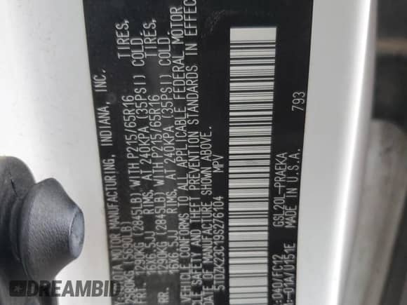 2009 Toyota Sienna LE z VIN 5TDZK23C19S276104, wystawiony jako Copart lot #81915145 z przebiegiem 261 254 mil mil oraz Szkoda całkowita • Salvage title. Historia ofert i sprzedaży dostępna na DreamBid. Obrazek 13.