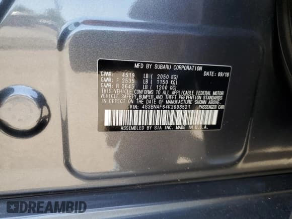 ✅ 2019 Subaru Legacy Premium • VIN: 4S3BNAF64K3008521 • Lot: 61824215. Listed on Copart with 89,412 mi. Free auction sales archive from the USA and detailed vehicle history report at DreamBid. Image 13.
