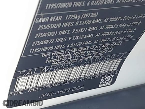 ✅ 2018 Land Rover Range Rover Sport • VIN: SALWR2RE7JA809817 • Lot: 42308693. Listed on IAAI with 49,933 mi. Free auction sales archive from the USA and detailed vehicle history report at DreamBid. Image 9.