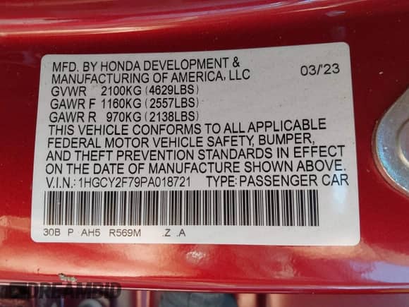 2023 Honda Accord Sport-L z VIN 1HGCY2F79PA018721, wystawiony jako IAAI lot #43383394 z przebiegiem Nie podano mil oraz . Historia ofert i sprzedaży dostępna na DreamBid. Obrazek 9.