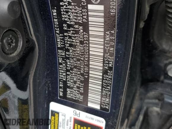 2012 Toyota Camry SE Sport Limited Edition с VIN 4T1BF1FK6CU023197, выставлен на аукционе Copart как лот 67123715 с пробегом Не указан миль и На запчасти • Non repairable. История ставок и продаж доступна на DreamBid. Изображение 12.