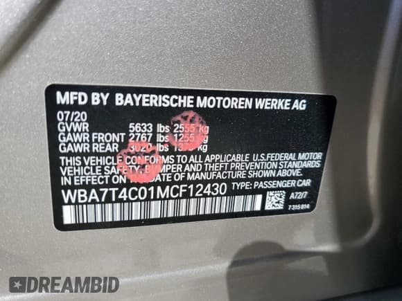 ✅ 2021 BMW 7 Series 740i xDrive • VIN: WBA7T4C01MCF12430 • Lot: 46249904. Listed on Copart with 20,679 mi. Free auction sales archive from the USA and detailed vehicle history report at DreamBid. Image 13.