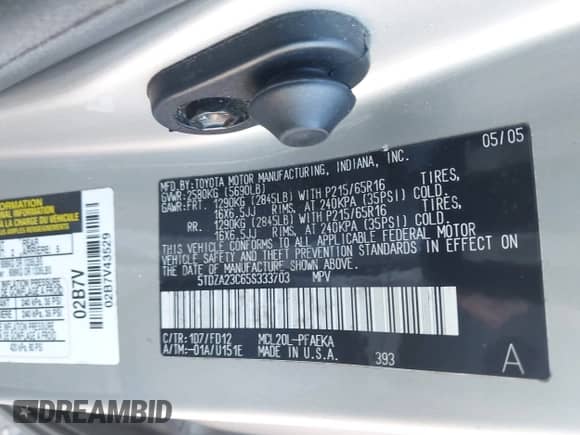 2005 Toyota Sienna LE z VIN 5TDZA23C65S333703, wystawiony jako IAAI lot #43438356 z przebiegiem 167 223 mil mil oraz . Historia ofert i sprzedaży dostępna na DreamBid. Obrazek 9.