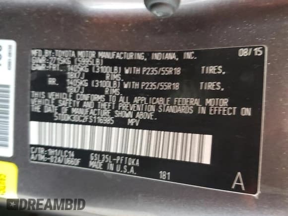 ✅ 2015 Toyota Sienna Limited • VIN: 5TDDK3DC2FS116985 • Lot: 57269975. Listed on Copart with 139,126 mi. Free auction sales archive from the USA and detailed vehicle history report at DreamBid. Image 13.