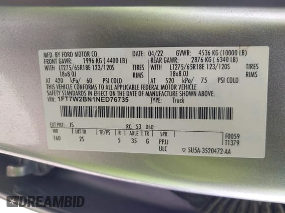 ✅ 2022 Ford F-250 XL • VIN: 1FT7W2BN1NED76735 • Lot: 41691729. Listed on IAAI with 174,375 mi. Free auction sales archive from the USA and detailed vehicle history report at DreamBid. Image 9.