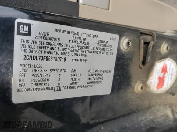 2006 Chevrolet Equinox LT с VIN 2CNDL73F066180710, выставлен на аукционе Copart как лот 82157734 с пробегом 178 381 миль миль и Списание • Salvage title. История ставок и продаж доступна на DreamBid. Изображение 13.