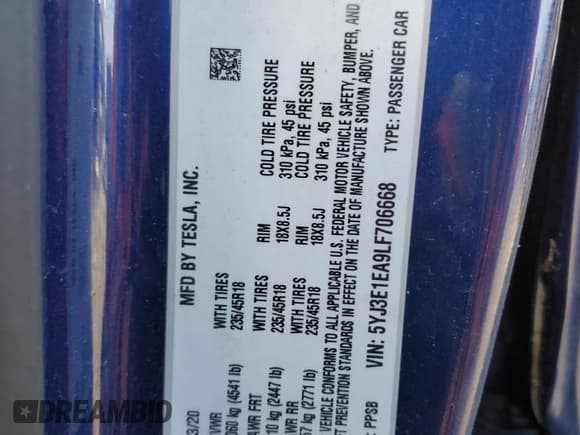 ✅ 2020 Tesla Model 3 Standard Range Plus • VIN: 5YJ3E1EA9LF706668 • Lot: 47761765. Wystawiony na Copart z przebiegiem 85 448 mil. Bezpłatny archiwum sprzedaży aukcyjnych z USA i szczegółowy raport historii pojazdu na DreamBid. Zdjęcie 14.