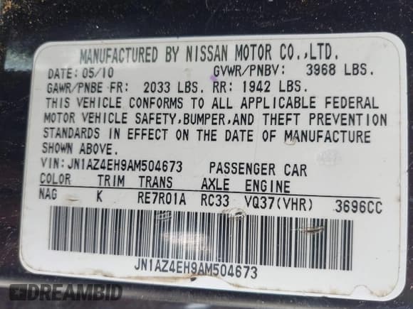 ✅ 2010 Nissan 370Z Touring • VIN: JN1AZ4EH9AM504673 • Lot: 42284934. Listed on IAAI with 132,177 mi. Free auction sales archive from the USA and detailed vehicle history report at DreamBid. Image 9.