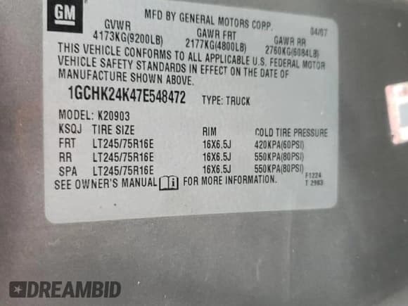 ✅ 2007 Chevrolet Silverado 2500HD 1LT • VIN: 1GCHK24K47E548472 • Lot: 92018835. Wystawiony na Copart z przebiegiem 87 946 mil. Bezpłatny archiwum sprzedaży aukcyjnych z USA i szczegółowy raport historii pojazdu na DreamBid. Zdjęcie 12.