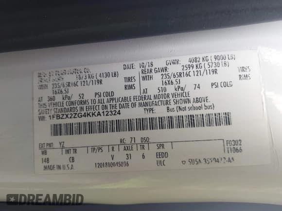 ✅ 2019 Ford Transit XL • VIN: 1FBZX2ZG4KKA12324 • Lot: 43743401. Wystawiony na IAAI z przebiegiem 149 280 mil. Bezpłatny archiwum sprzedaży aukcyjnych z USA i szczegółowy raport historii pojazdu na DreamBid. Zdjęcie 9.