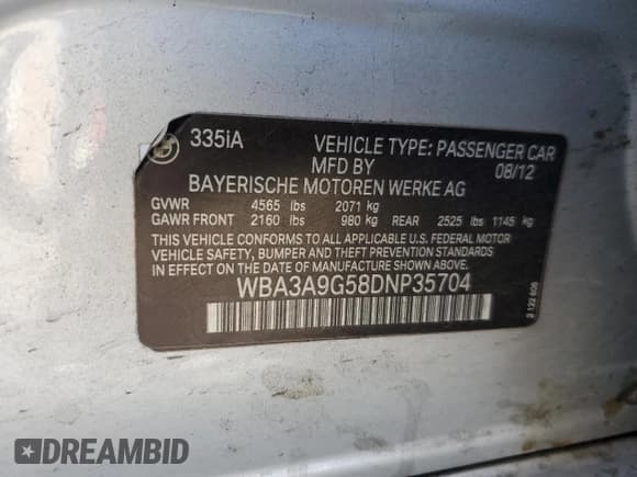 ✅ 2013 BMW 3 Series 335i • VIN: WBA3A9G58DNP35704 • Lot: 88901535. Listed on Copart with 126,492 mi. Free auction sales archive from the USA and detailed vehicle history report at DreamBid. Image 12.