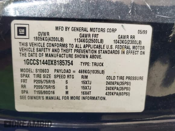 ✅ 1999 Chevrolet S-10 • VIN: 1GCCS1440X8185754 • Лот: 42043198. Опубликован ранее на IAAI с пробегом 104 139 миль. Бесплатный доступ к архиву аукционных продаж из США и подробный отчёт об истории автомобиля на DreamBid. Изображение 9.