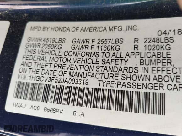 2018 Honda Accord EX-L z VIN 1HGCV3F52JA003319, wystawiony jako IAAI lot #43196824 z przebiegiem 69 603 mil mil oraz . Historia ofert i sprzedaży dostępna na DreamBid. Obrazek 9.