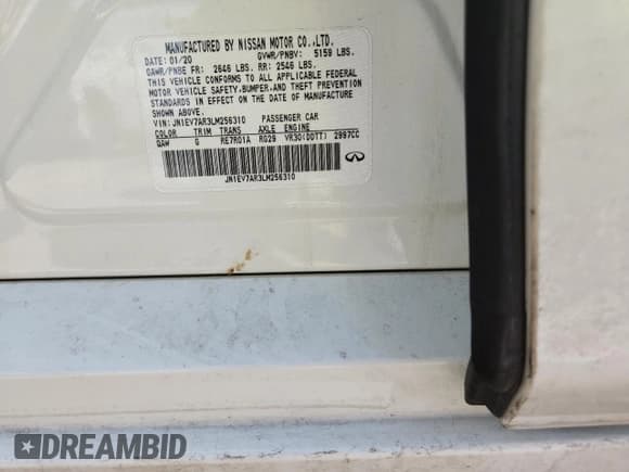 ✅ 2020 Infiniti Q50 Luxe • VIN: JN1EV7AR3LM256310 • Lot: 71361755. Listed on Copart with 92,307 mi. Free auction sales archive from the USA and detailed vehicle history report at DreamBid. Image 13.