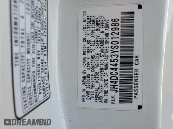 ✅ 2000 Acura Integra LS • VIN: JH4DC4453YS012986 • Lot: 42871895. Listed on Copart with 216,297 mi. Free auction sales archive from the USA and detailed vehicle history report at DreamBid. Image 12.