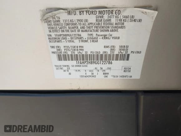 ✅ 2016 Ford Taurus SEL • VIN: 1FAHP2H89GG122786 • Lot: 42259021. Listed on IAAI with 43,154 mi. Free auction sales archive from the USA and detailed vehicle history report at DreamBid. Image 9.