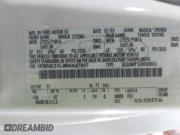✅ 2006 Ford Econoline Passenger XL • VIN: 1FBNE31L46HA47807 • Лот: 42629676. Опубликован ранее на IAAI с пробегом 65 498 миль. Бесплатный доступ к архиву аукционных продаж из США и подробный отчёт об истории автомобиля на DreamBid. Изображение 9.