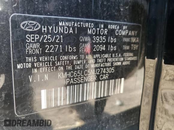 2022 Hyundai Ioniq Blue с VIN KMHC65LC5NU274305, выставлен на аукционе Copart как лот 67840134 с пробегом Не указан миль и На запчасти • Non repairable. История ставок и продаж доступна на DreamBid. Изображение 13.