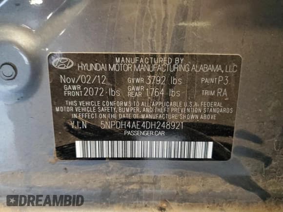 ✅ 2013 Hyundai Elantra Limited • VIN: 5NPDH4AE4DH248921 • Lot: 91453005. Listed on Copart with 190,443 mi. Free auction sales archive from the USA and detailed vehicle history report at DreamBid. Image 12.