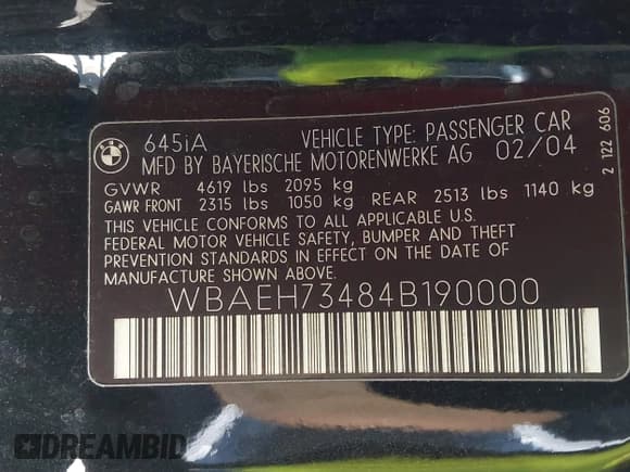 ✅ 2004 BMW 6 Series 645Ci • VIN: WBAEH73484B190000 • Lot: 42991267. Wystawiony na IAAI z przebiegiem 94 421 mil. Bezpłatny archiwum sprzedaży aukcyjnych z USA i szczegółowy raport historii pojazdu na DreamBid. Zdjęcie 9.