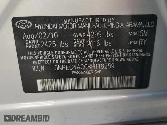 ✅ 2011 Hyundai Sonata SE • VIN: 5NPEC4AC0BH118259 • Lot: 63253454. Listed on Copart with 139,587 mi. Free auction sales archive from the USA and detailed vehicle history report at DreamBid. Image 13.