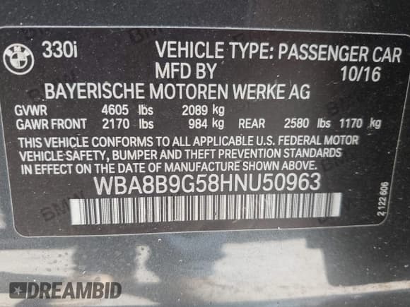 ✅ 2017 BMW 3 Series 330i • VIN: WBA8B9G58HNU50963 • Lot: 42786737. Listed on IAAI with 91,828 mi. Free auction sales archive from the USA and detailed vehicle history report at DreamBid. Image 9.