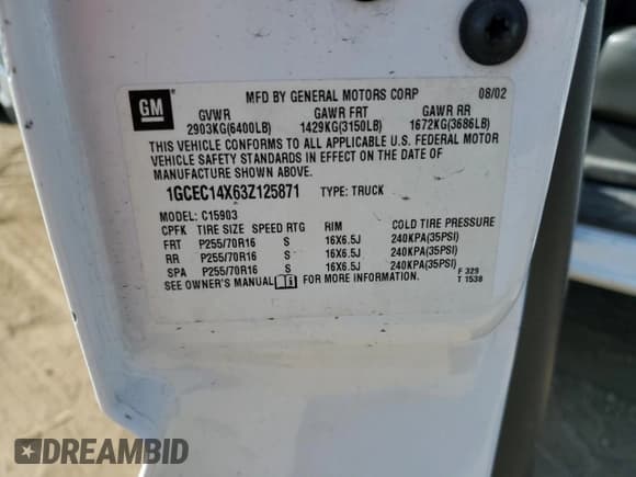 ✅ 2003 Chevrolet Silverado 1500 Work Truck • VIN: 1GCEC14X63Z125871 • Лот: 62875804. Опубликован ранее на Copart с пробегом 249 410 миль. Бесплатный доступ к архиву аукционных продаж из США и подробный отчёт об истории автомобиля на DreamBid. Изображение 12.