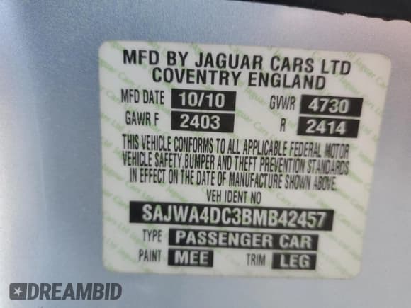 ✅ 2011 Jaguar XK XKR • VIN: SAJWA4DC3BMB42457 • Lot: 61157735. Listed on Copart with 128,452 mi. Free auction sales archive from the USA and detailed vehicle history report at DreamBid. Image 12.