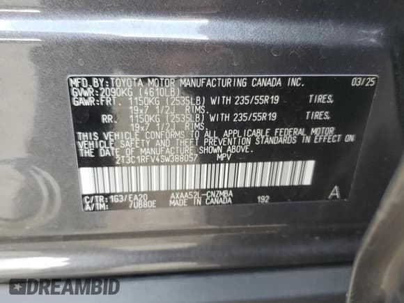 ✅ 2025 Toyota RAV4 XLE Premium • VIN: 2T3C1RFV4SW388057 • Lot: 81773585. Listed on Copart with 4,408 mi. Free auction sales archive from the USA and detailed vehicle history report at DreamBid. Image 14.