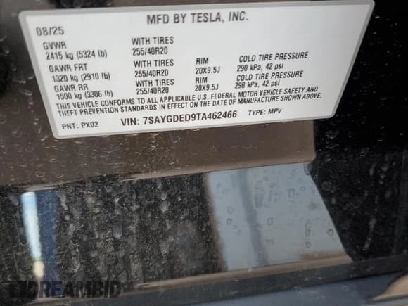 ✅ 2026 Tesla Model Y Long Range • VIN: 7SAYGDED9TA462466 • Lot: 81280015. Listed on Copart with Not provided. Free auction sales archive from the USA and detailed vehicle history report at DreamBid. Image 12.