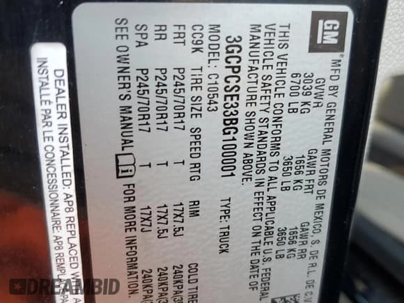 ✅ 2011 Chevrolet Silverado 1500 Xtra Fuel Economy • VIN: 3GCPCSE33BG100001 • Lot: 71956795. Listed on Copart with 182,220 mi. Free auction sales archive from the USA and detailed vehicle history report at DreamBid. Image 12.