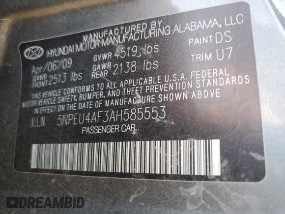 ✅ 2010 Hyundai Sonata Limited • VIN: 5NPEU4AF3AH585553 • Lot: 82469815. Listed on Copart with 57,104 mi. Free auction sales archive from the USA and detailed vehicle history report at DreamBid. Image 12.