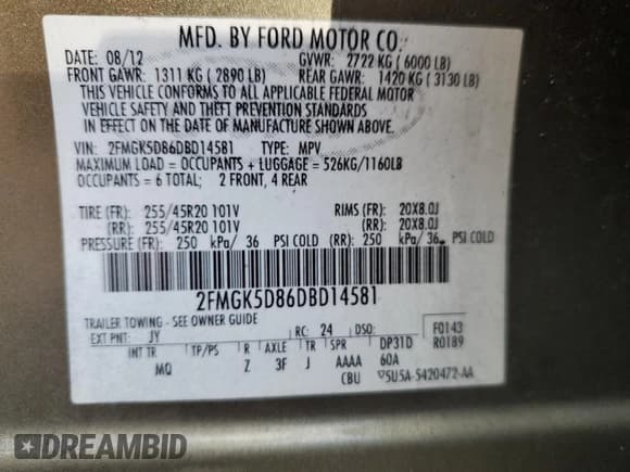 ✅ 2013 Ford Flex Limited • VIN: 2FMGK5D86DBD14581 • Lot: 93378535. Listed on Copart with 137,916 mi. Free auction sales archive from the USA and detailed vehicle history report at DreamBid. Image 13.