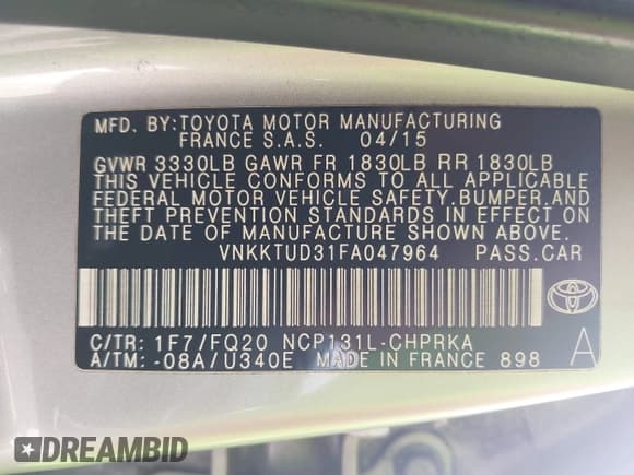 ✅ 2015 Toyota Yaris L • VIN: VNKKTUD31FA047964 • Lot: 43125614. Listed on IAAI with Not provided. Free auction sales archive from the USA and detailed vehicle history report at DreamBid. Image 9.