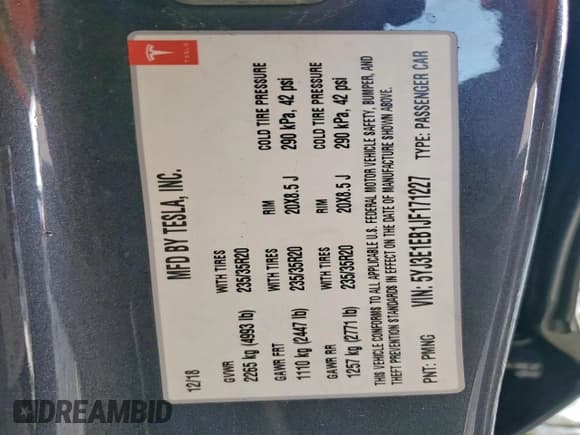 ✅ 2018 Tesla Model 3 Long Range Battery • VIN: 5YJ3E1EB1JF171227 • Lot: 94741835. Listed on Copart with 115,263 mi. Free auction sales archive from the USA and detailed vehicle history report at DreamBid. Image 12.